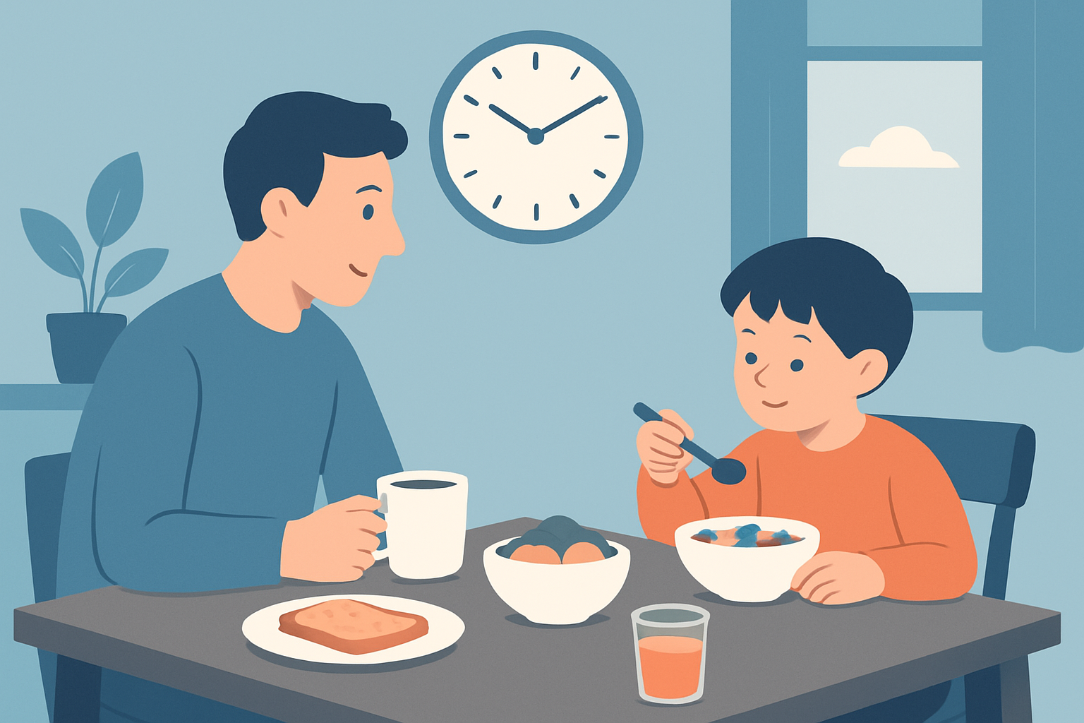 週末の朝に親子で朝食をとる場面