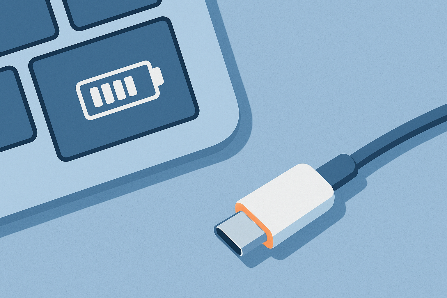 キーボードのバッテリー表示と充電ケーブルのクローズアップ