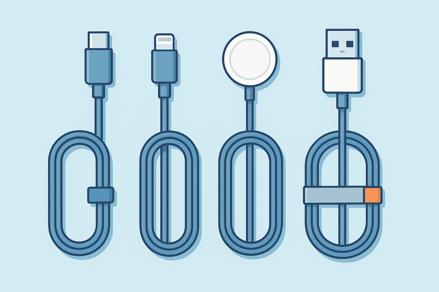 USB-C・Lightning・Apple Watch磁気充電器が整然と並ぶ図