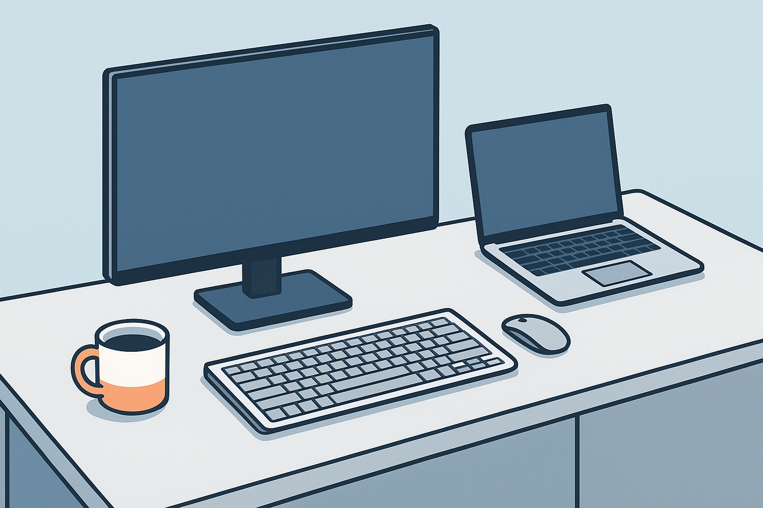 モニターとノートPCを並べた書斎の作業例