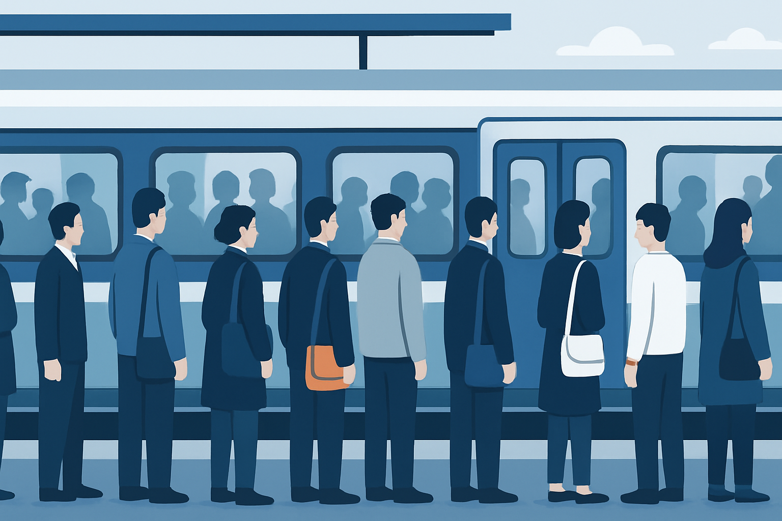 満員電車のホームで立つ通勤者たちを示すイラスト