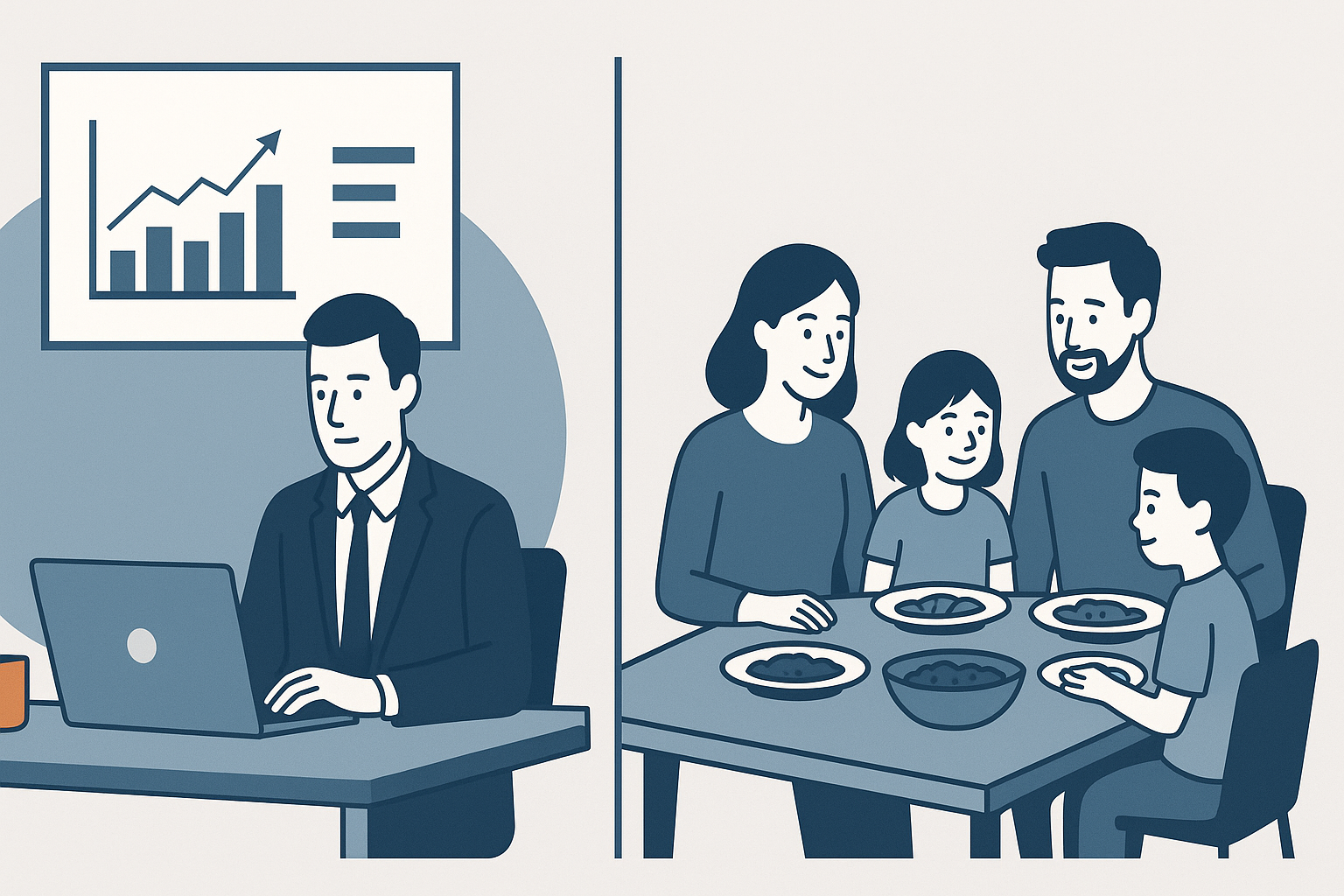 仕事時間と家族時間のバランスを対比するイラスト