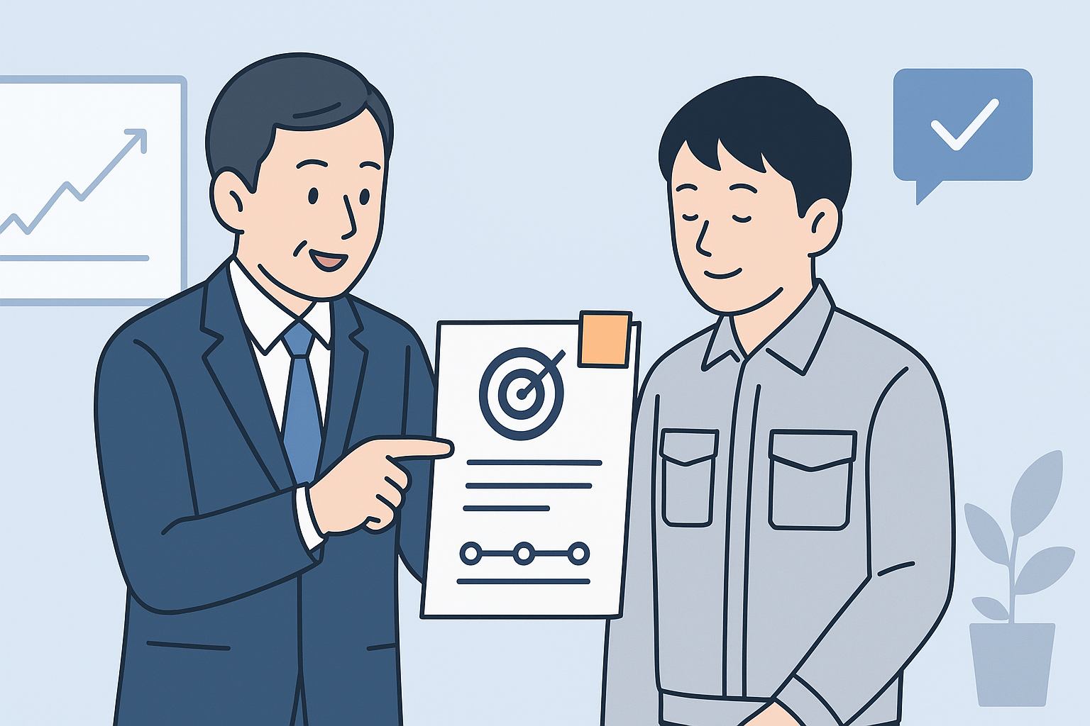 上司と現場が目的をすり合わせる場面を示す図