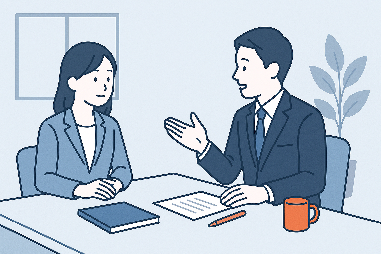 係長と部下が短い振り返りをするワンツーワンの場面