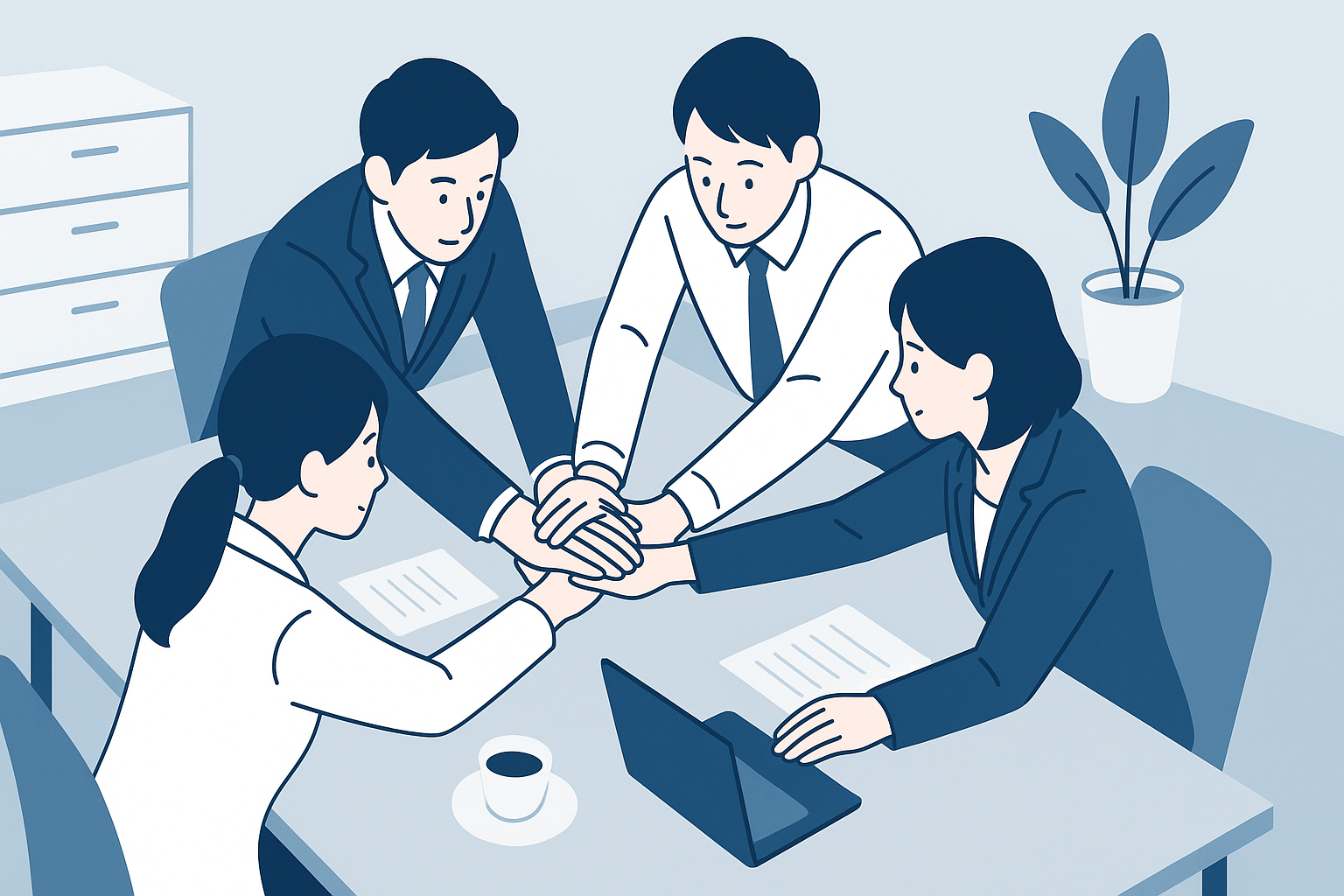 係長がチームに指示を出しているミーティング風景