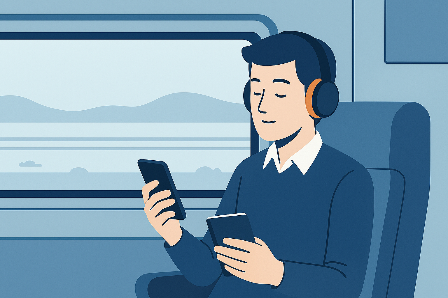 通勤中に音声で学習しているビジネスパーソンの様子